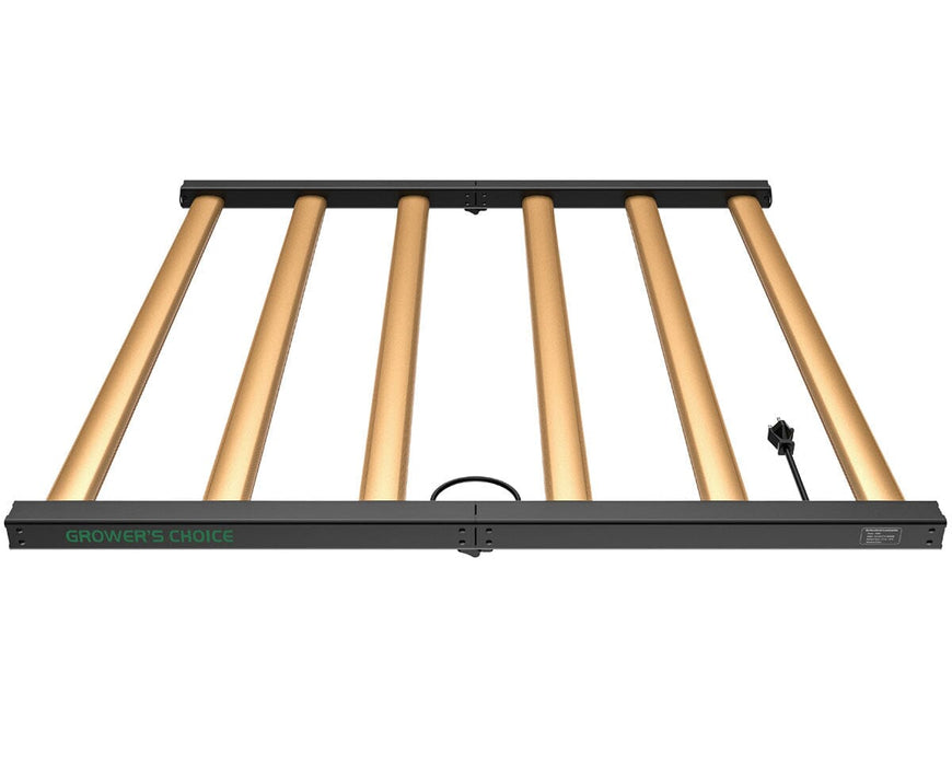 Front view of Grower’s Choice ROI-F720 showing gold LED bars mounted to a black frame with integrated power cord and hardwired connection.