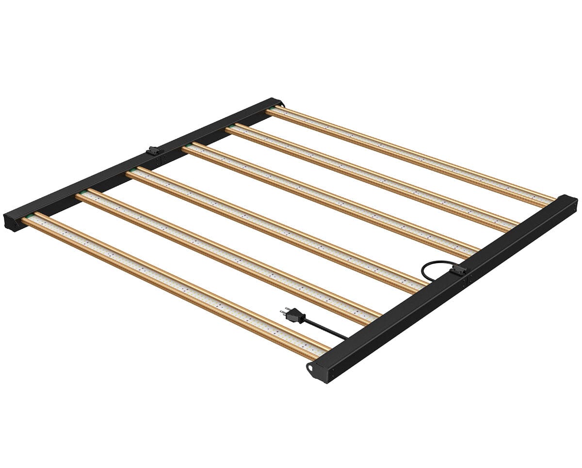 Angled view of Grower’s Choice ROI-F720 LED grow light with six-bar full-spectrum design and black foldable frame for commercial bloom rooms.
