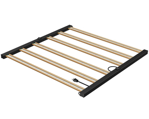 Angled view of Grower’s Choice ROI-F720 LED grow light with six-bar full-spectrum design and black foldable frame for commercial bloom rooms.