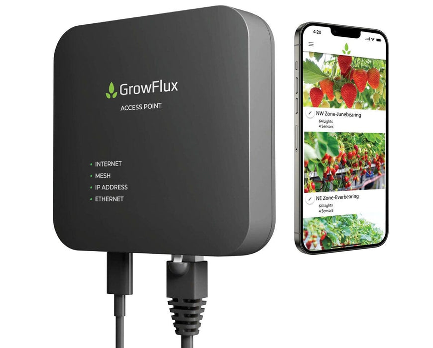 GrowFlux Access Point connected with cables, shown beside smartphone running GrowFlux app for control.