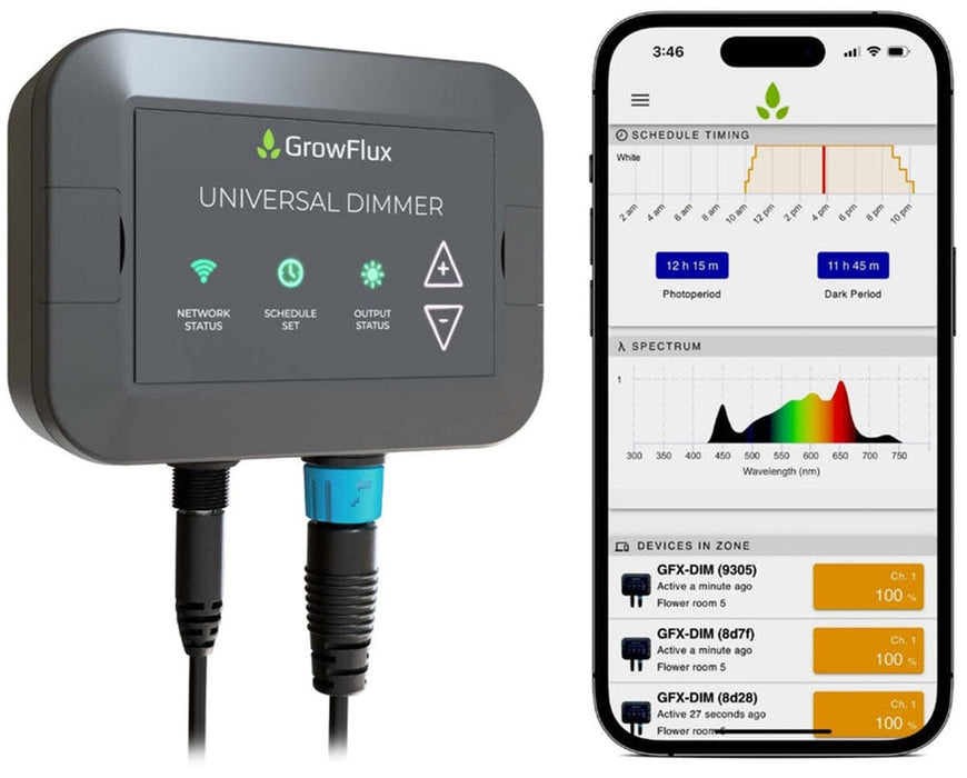GrowFlux Universal Dimmer with cables attached, shown next to phone app displaying light control data.