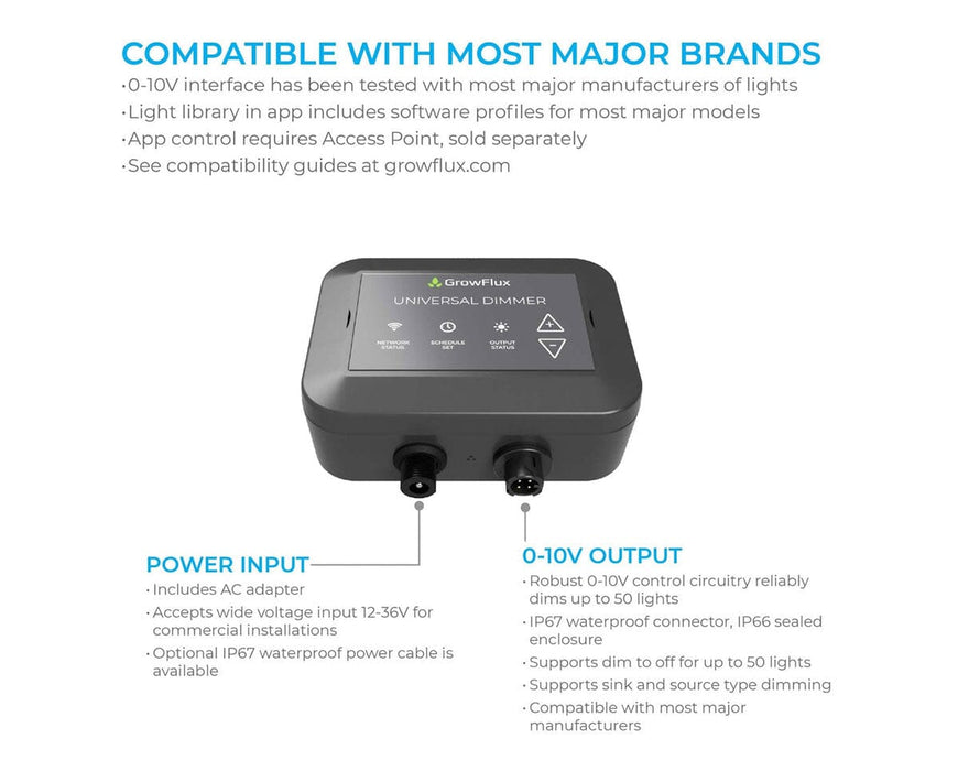 Universal Dimmer labeled with power input and 0-10V output specs, supporting up to 50 lights.