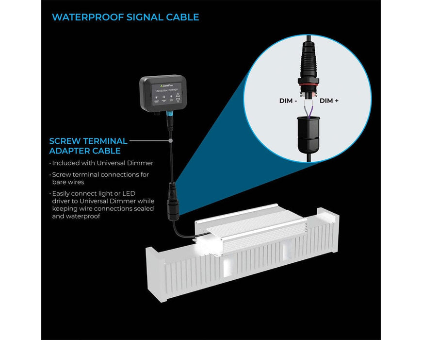 Diagram showing waterproof signal cable and screw terminal adapter connecting dimmer to LED driver.