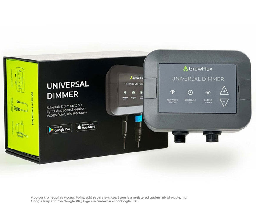 Universal Dimmer product next to retail packaging, compatible with app control via Access Point.
