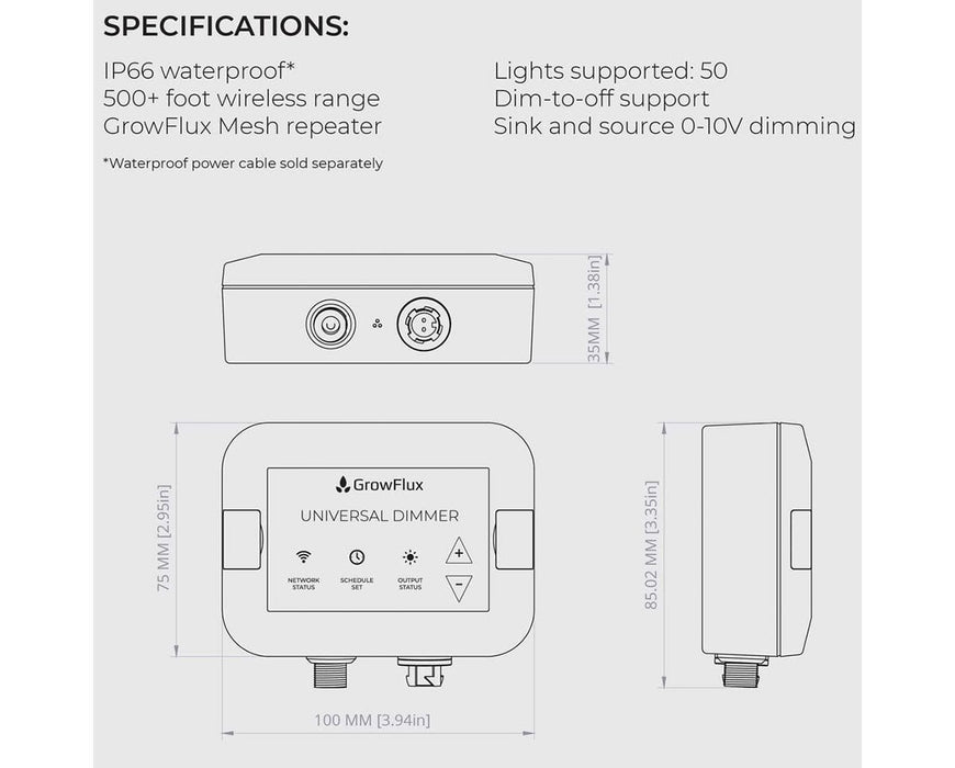 Technical drawing of Universal Dimmer with labeled dimensions and IP66 waterproof rating.