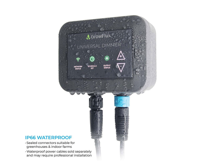 Universal Dimmer covered in water droplets, highlighting IP66 waterproof durability for indoor farms.