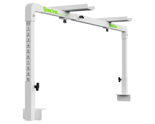 Perspective render of GrowPros bridge stand fully assembled with inch scale, dual brackets, and GrowPros Solutions branding.