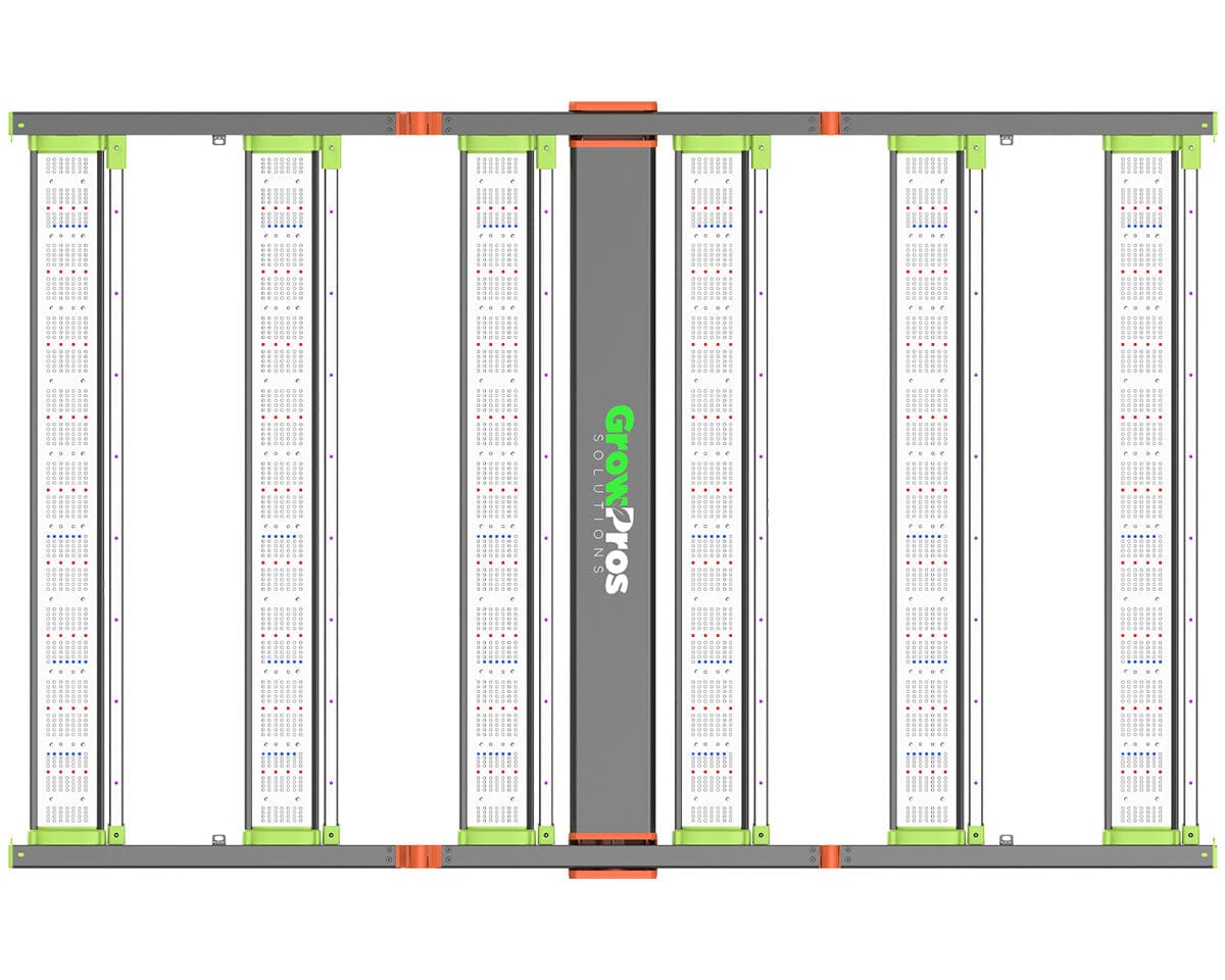 Flat top-down view of GrowPros CHAMELEON LED grow light with eight full-spectrum bars and logo center.