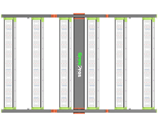 Flat top-down view of GrowPros CHAMELEON LED grow light with eight full-spectrum bars and logo center.