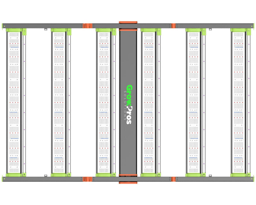 Flat top-down view of GrowPros CHAMELEON LED grow light with eight full-spectrum bars and logo center.