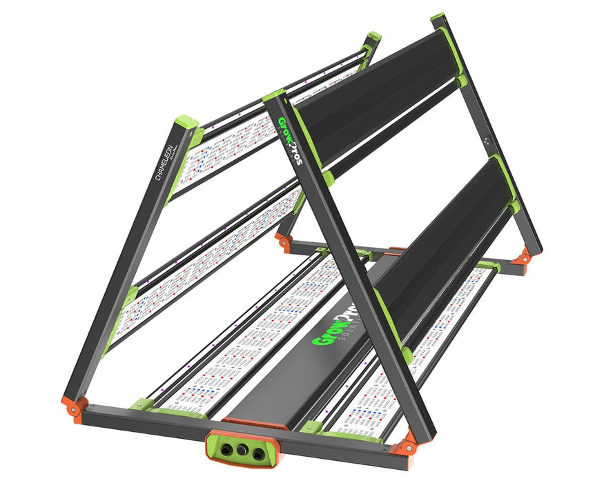 Side angle of GrowPros CHAMELEON LED grow light in folded position for vertical rack compatibility.