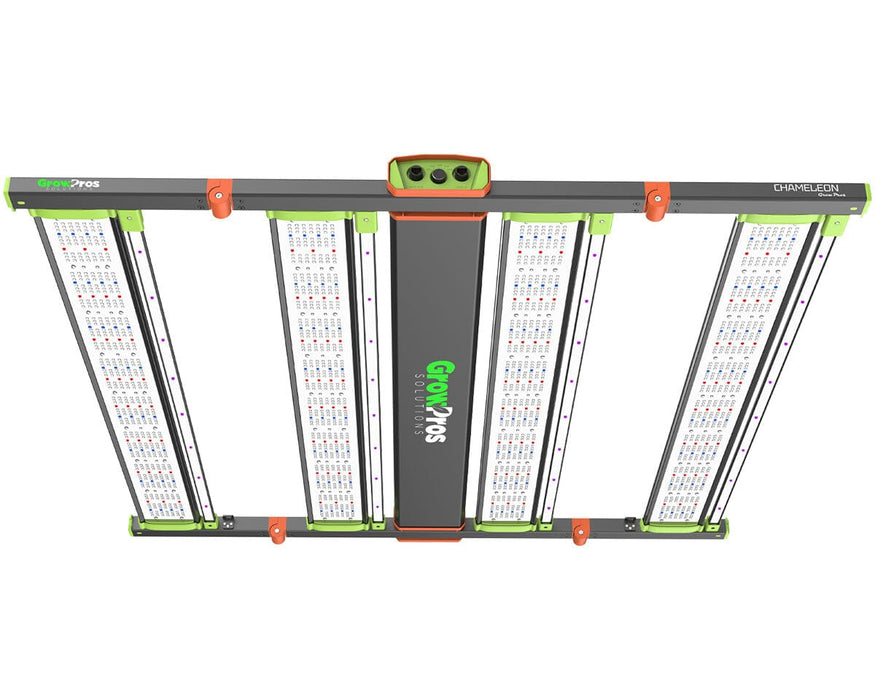 Close top view of 4x4 CHAMELEON LED grow light with GrowPros logo and quad-channel light bar configuration.