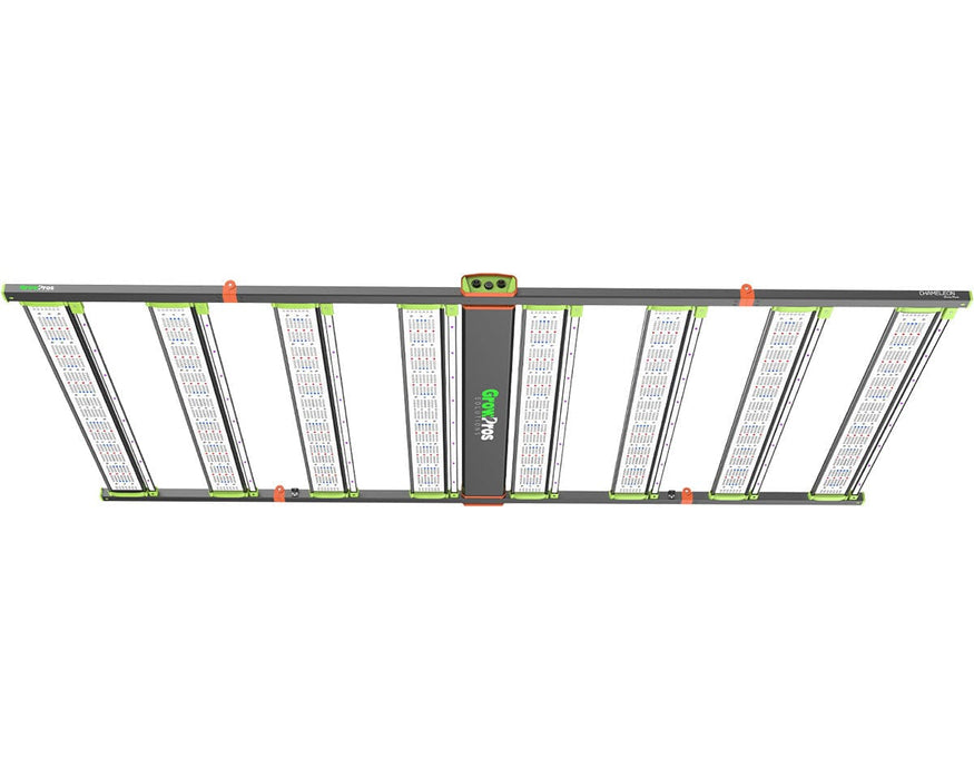 Top-down view of GrowPros 4x8 CHAMELEON 4 channel LED grow light with eight bar layout and central driver hub.