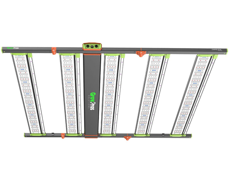 Angled top view of 5x5 CHAMELEON grow light showing full LED array, sleek frame, and wide canopy coverage.