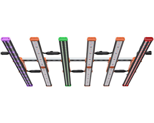 Underside view of Griffin grow light bars powered on, highlighting distinct color outputs from each LED type.