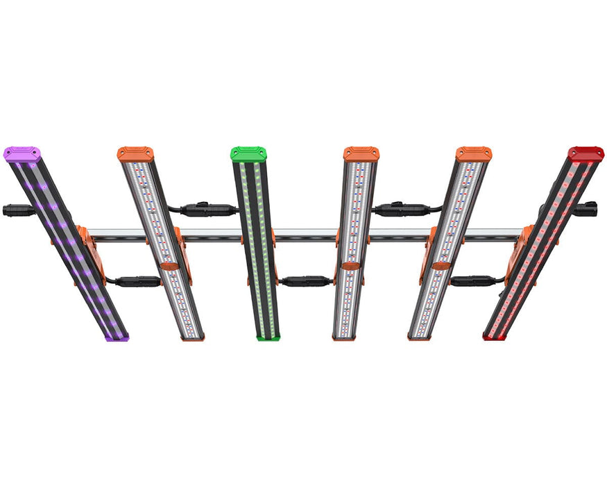 Underside view of Griffin grow light bars powered on, highlighting distinct color outputs from each LED type.