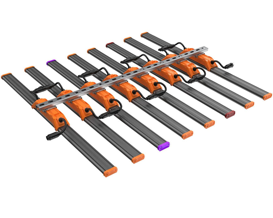 Angled view of Griffin 4-channel LED grow light with snap-on light bars and visible orange driver housing.