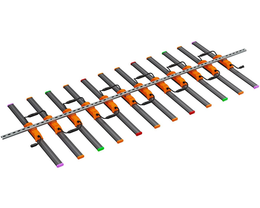 Top-down view of Griffin LED grow light showing 12-bar layout with color-coded ends for spectrum control.