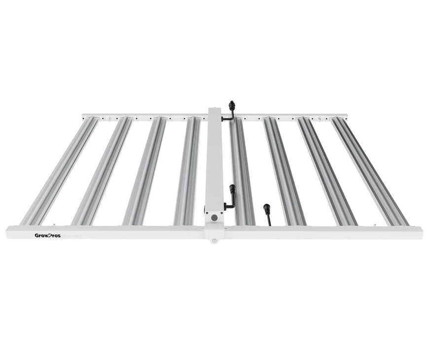 Top down view of the UltraPro LED grow light with diodes off, showing aluminum bars and integrated power cabling.