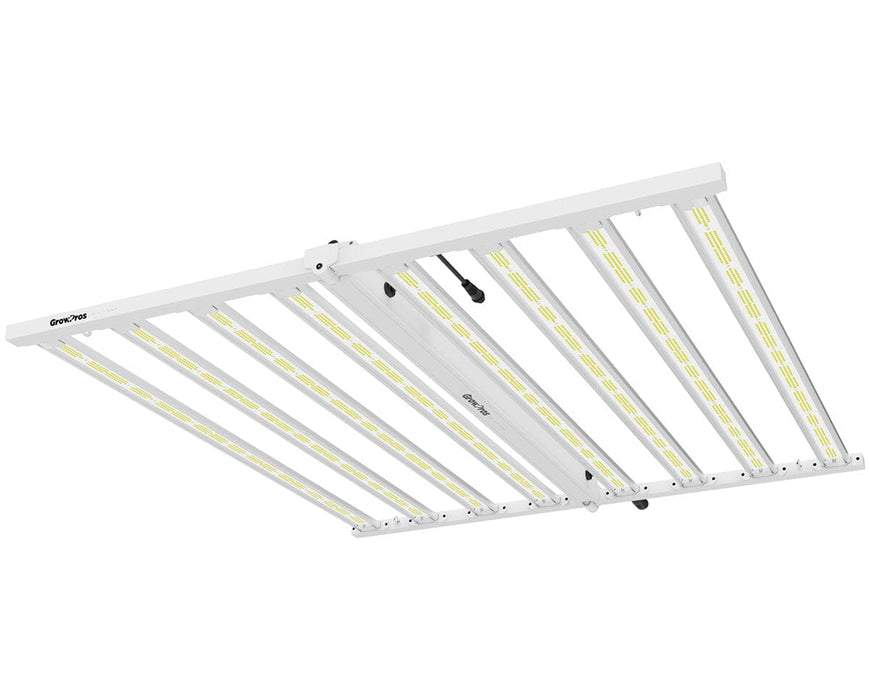 Angled view of UltraPro LED grow light with bars lit, highlighting dense diode layout and sleek frame for hydroponics.