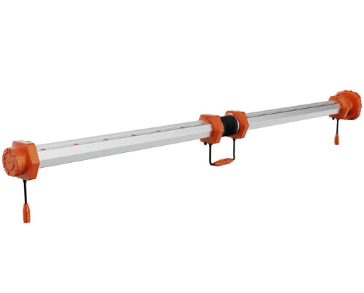 Close view of GrowPros Model 5 under canopy light showing built in air circulation tube and orange end caps for row airflow.