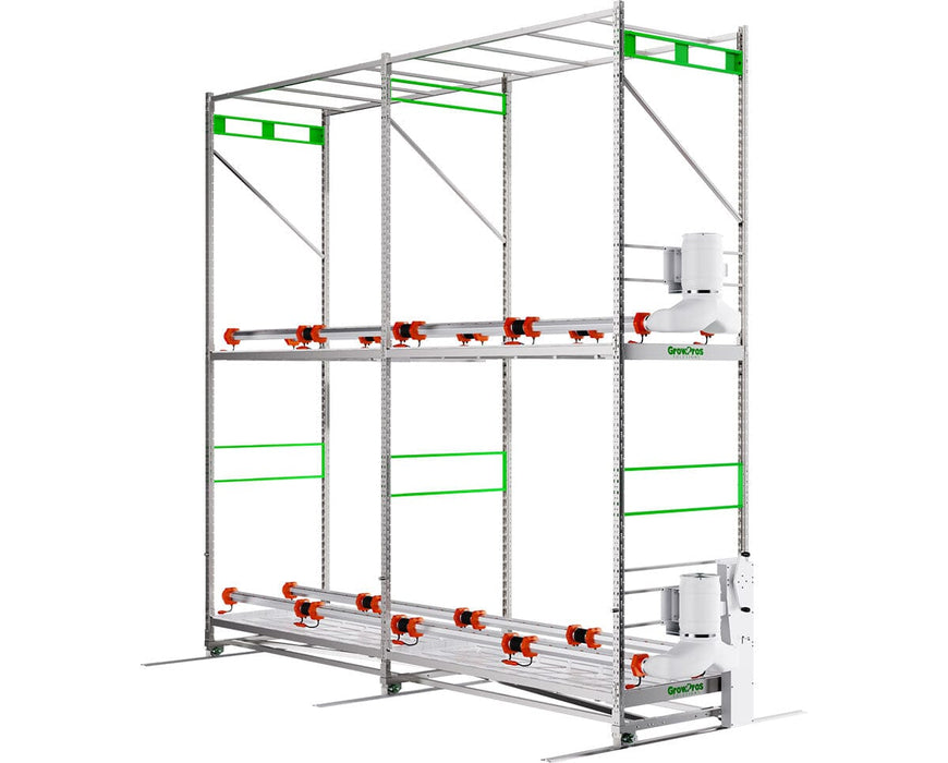 Commercial vertical rack setup featuring GrowPros under canopy light bars with integrated air tubes supporting multi tier flowering rooms.