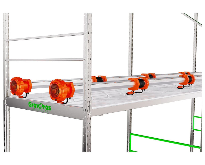 GrowPros under canopy air circulation lights mounted on rolling bench system to deliver lower canopy lighting and airflow.