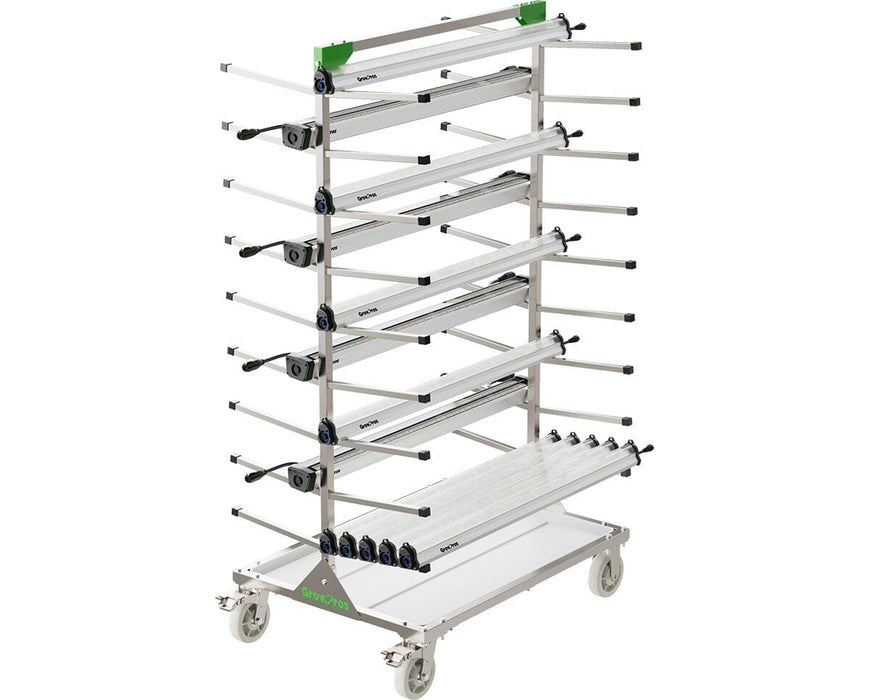 Under canopy LED grow lights stored on a Grow Pros Solutions rack with wheels and a sturdy base. The rack keeps fixtures stacked, spaced, and protected during cleaning, room turnover, or facility resets.