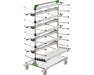 Under canopy LED grow lights stored on a Grow Pros Solutions rack with wheels and a sturdy base. The rack keeps fixtures stacked, spaced, and protected during cleaning, room turnover, or facility resets.