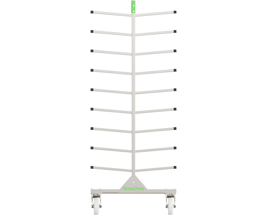 Front view of a Grow Pros Solutions storage rack stand for under canopy lights. The tall steel frame has paired arms for holding multiple fixtures and wheels for moving it through a cultivation facility.