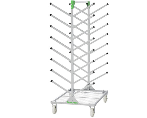 Grow Pros Solutions under canopy LED light storage rack with a heavy duty steel frame. Angled storage arms and wheeled base keep commercial grow lights organized and easy to move.
