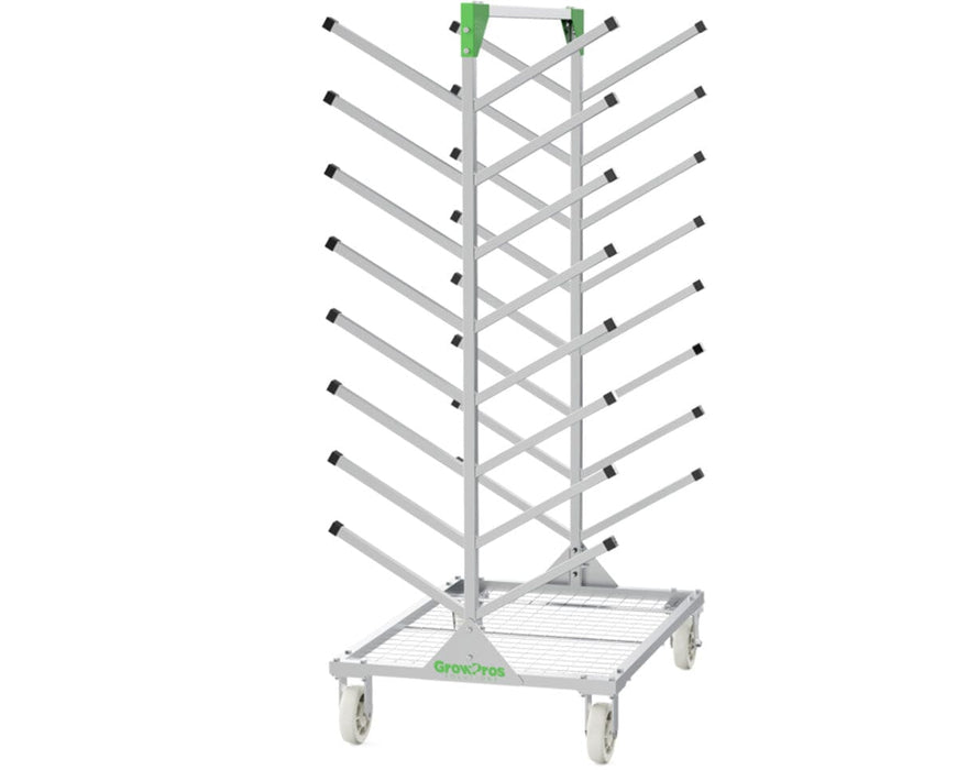Grow Pros Solutions under canopy LED light storage rack with a heavy duty steel frame. Angled storage arms and wheeled base keep commercial grow lights organized and easy to move.