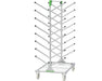 Grow Pros Solutions under canopy LED light storage rack with a heavy duty steel frame. Angled storage arms and wheeled base keep commercial grow lights organized and easy to move.
