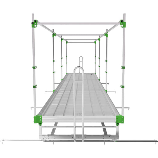 End-on view of a single GrowPros RAM ROD V-Track Rolling Bench, showing the tray, frame, and rail system.