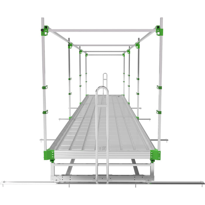 End-on view of a single GrowPros RAM ROD V-Track Rolling Bench, showing the tray, frame, and rail system.