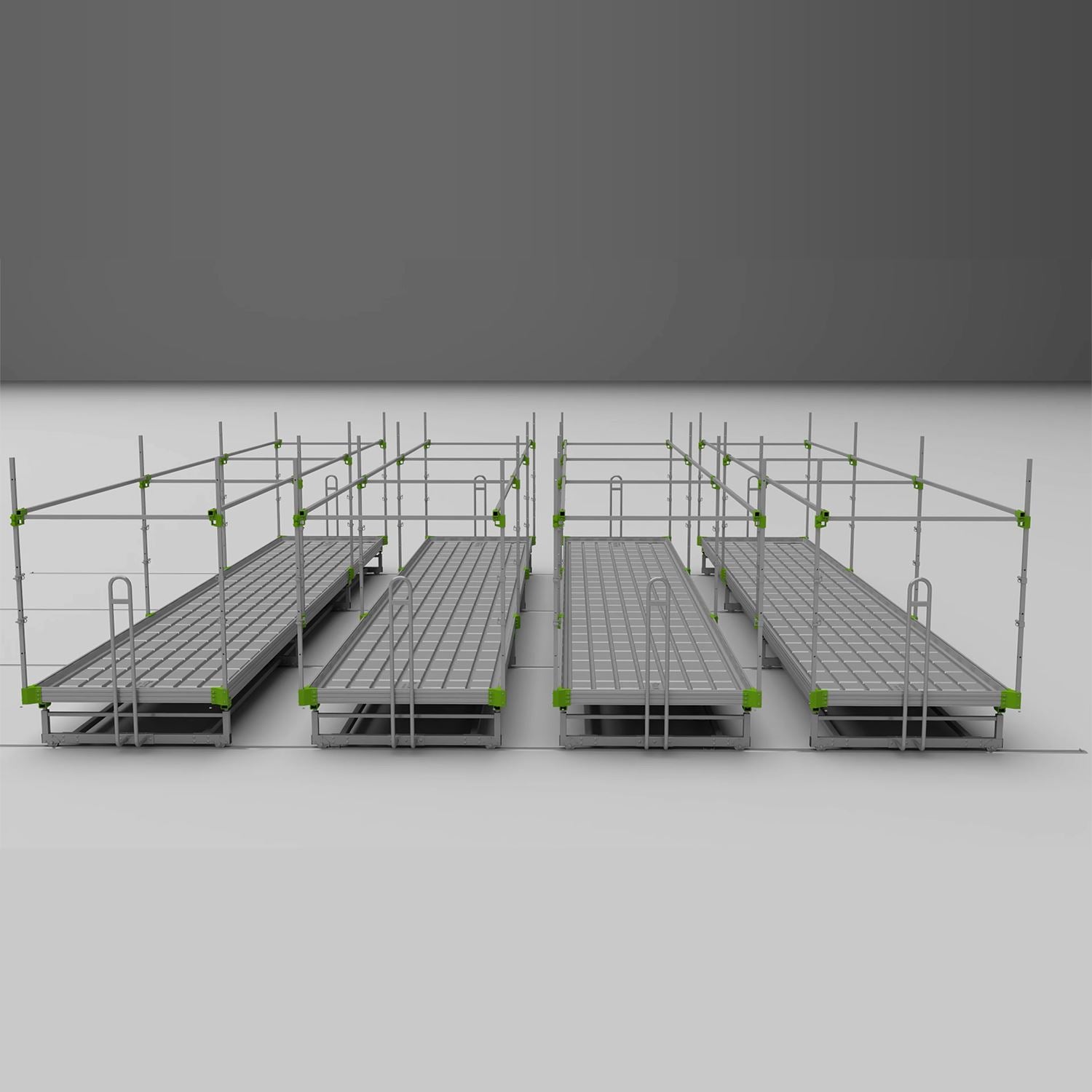 Multiple GrowPros RAM ROD V-Track Rolling Benches aligned in rows inside a cultivation room with a gray background.

