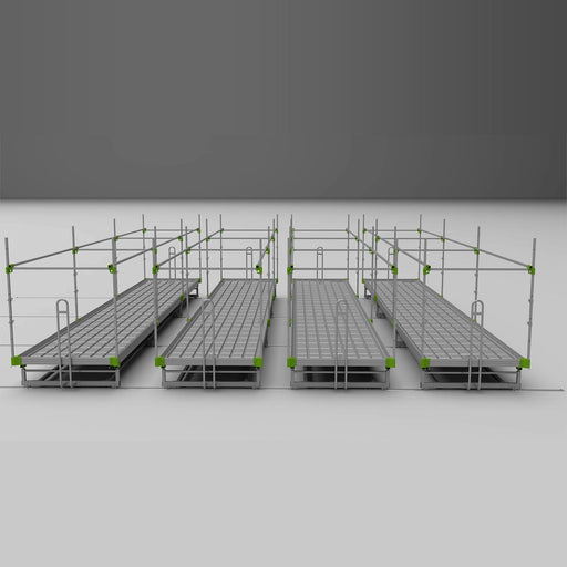 Multiple GrowPros RAM ROD V-Track Rolling Benches aligned in rows inside a cultivation room with a gray background.


