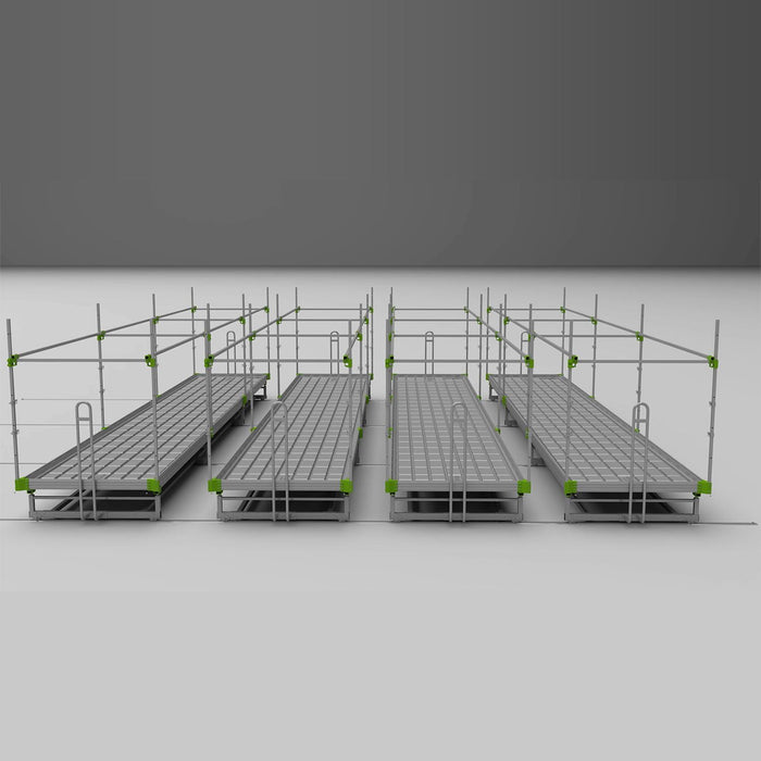 Multiple GrowPros RAM ROD V-Track Rolling Benches aligned in rows inside a cultivation room with a gray background.

