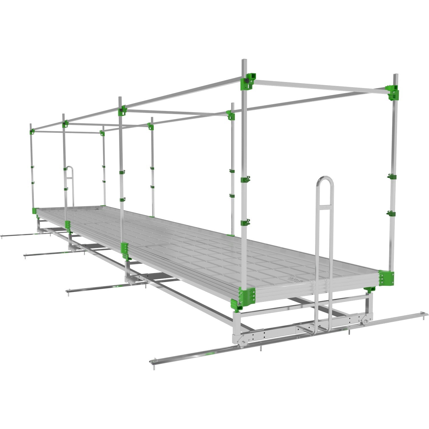 Angled view of a GrowPros RAM ROD V-Track Rolling Bench with full frame and irrigation pipe cutouts visible.