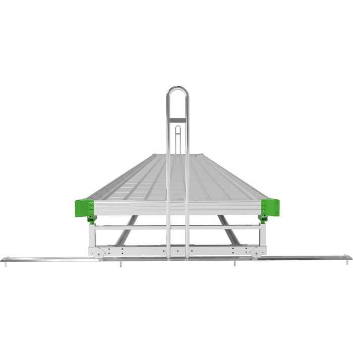 Narrow front view of a GrowPros RAM ROD V-Track Rolling Bench emphasizing the tray surface and rail guide.
