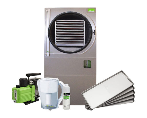 Harvest Right HRC100 Pro Freeze Dryer kit with Premier Industrial Vacuum Pump, vacuum pump oil, oil filter, nine stainless steel trays, and WiFi upgrade kit.
