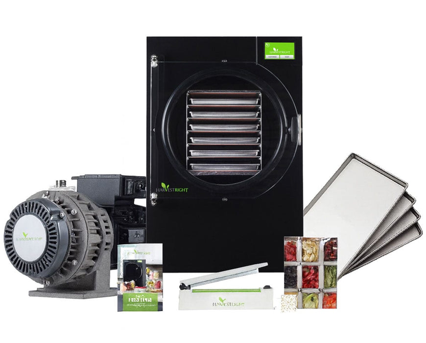 Harvest Right Large Home Pro Freeze Dryer in black with oil-free pump, stainless steel trays, sealer, and food storage kit.