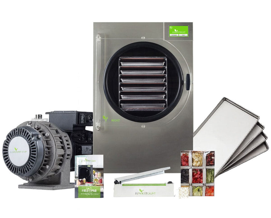 Harvest Right Large Home Pro Freeze Dryer in stainless steel with oil-free pump, trays, impulse sealer, and food storage kit.