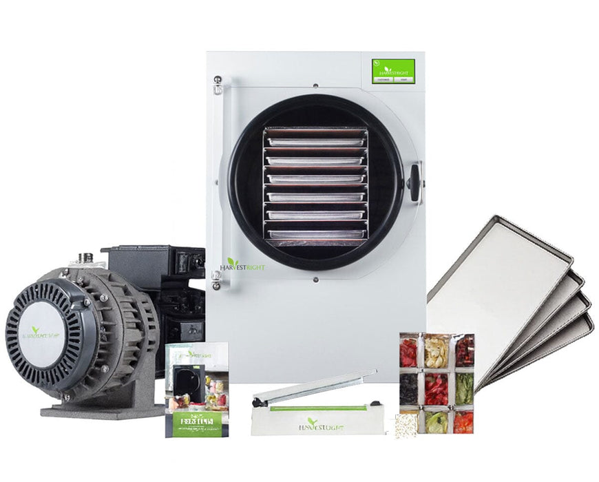 Harvest Right Large Home Pro Freeze Dryer in white with oil-free pump, stainless steel trays, sealer, and food storage kit.