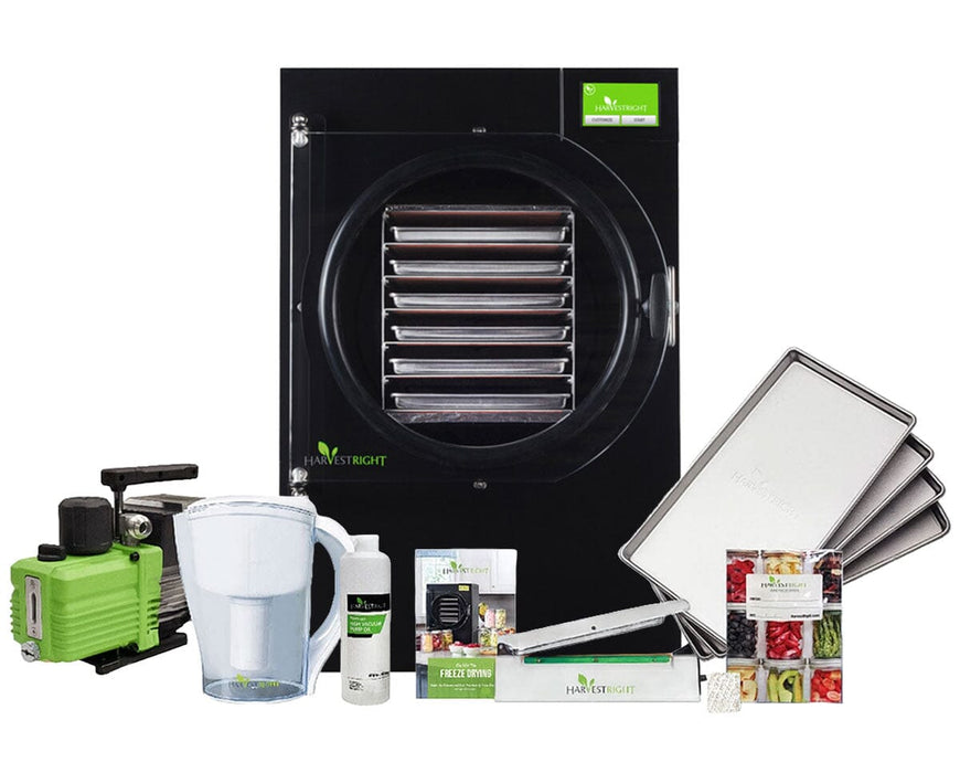 Harvest Right Large Home Pro Freeze Dryer with Premier pump, stainless steel trays, pitcher, oil, sealer, and food storage kit.