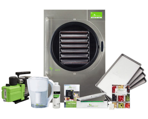 Harvest Right Large Home Pro Freeze Dryer with Premier pump, stainless steel trays, pitcher, oil, sealer, and food storage kit.