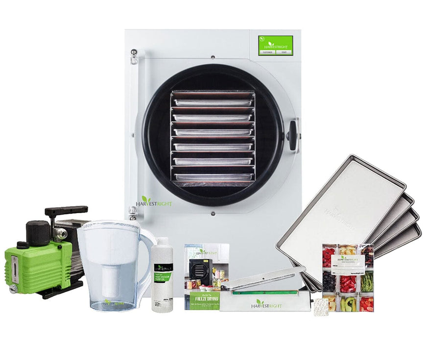 Harvest Right Large Home Pro Freeze Dryer with Premier pump, stainless steel trays, pitcher, oil, sealer, and food storage kit.