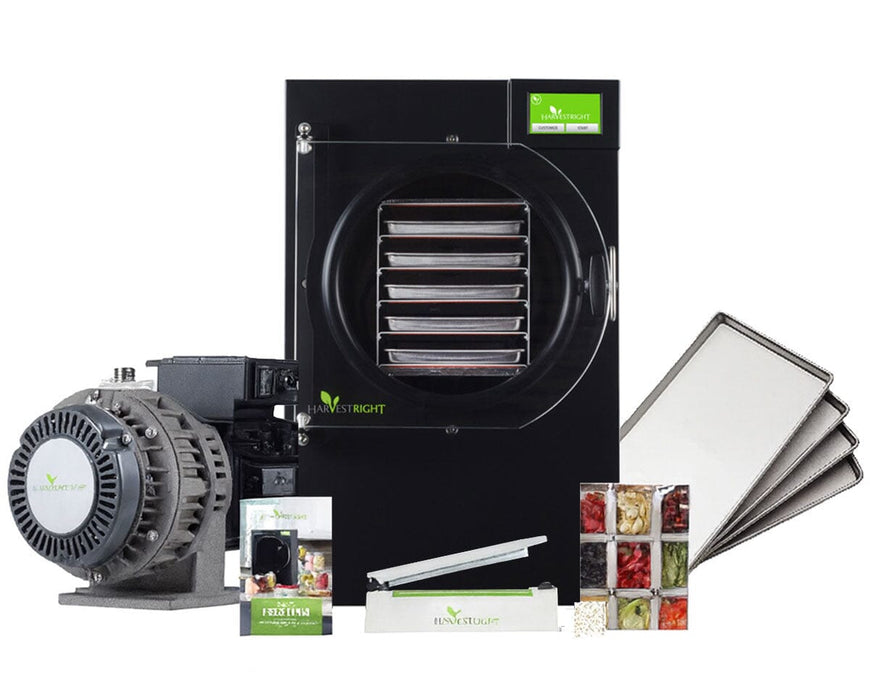 Harvest Right Medium Home Pro Freeze Dryer in black with oil-free pump, stainless steel trays, sealer, and food storage kit.