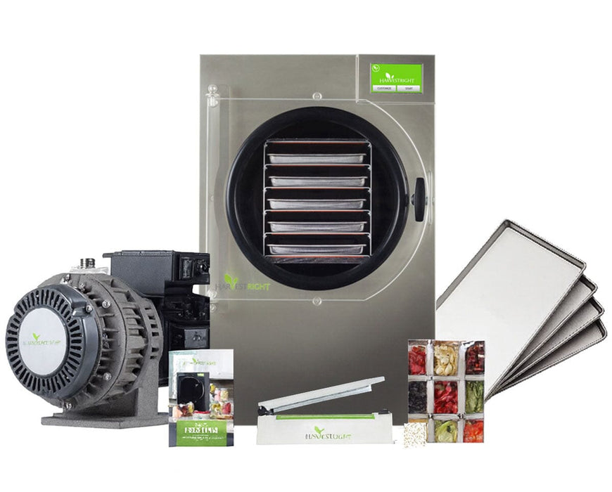 Harvest Right Medium Home Pro Freeze Dryer in stainless steel with oil-free pump, stainless steel trays, sealer, and food storage kit.