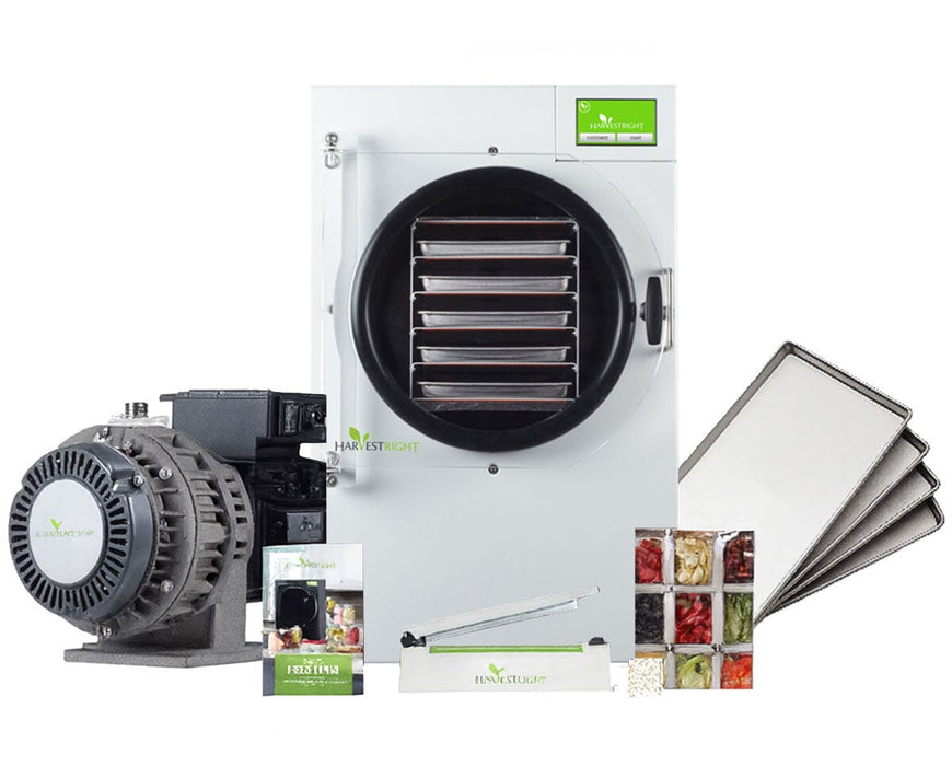 Harvest Right Medium Home Pro Freeze Dryer in white with oil-free pump, stainless steel trays, sealer, and food storage kit.